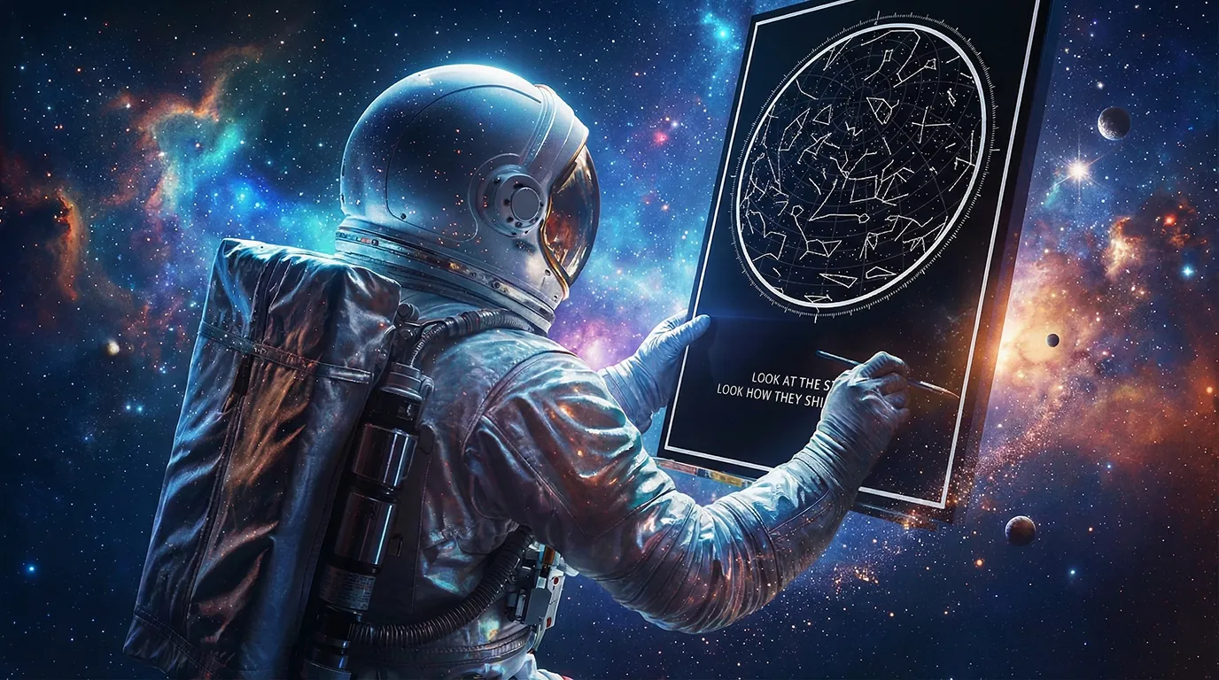 Astronauta criando mapa estelar no espaço, pôster celestial personalizado