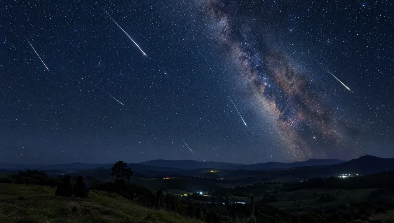 Meteoros cruzando o céu estrelado sobre uma paisagem rural no Brasil