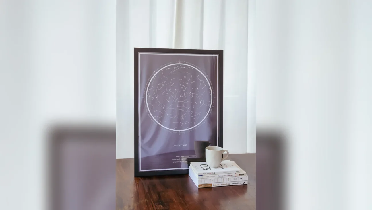 Quadro de mapa das estrelas com moldura preta sobre a mesa, ao lado de livros e uma caneca