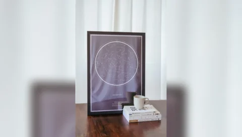 Quadro de mapa das estrelas com moldura preta sobre a mesa, ao lado de livros e uma caneca
