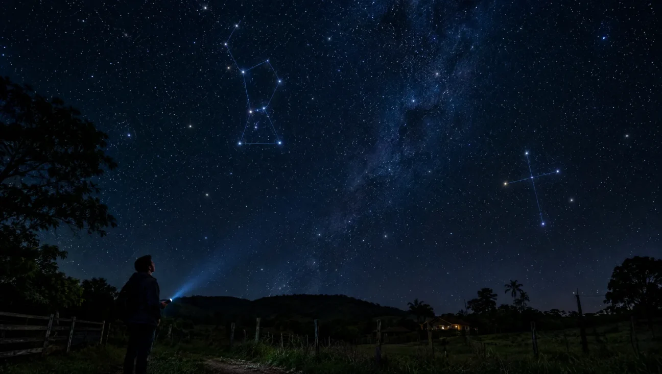 Céu noturno com as linhas das constelações desenhadas sobre as estrelas