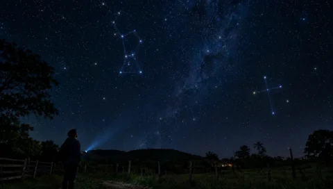 Céu noturno com as linhas das constelações desenhadas sobre as estrelas