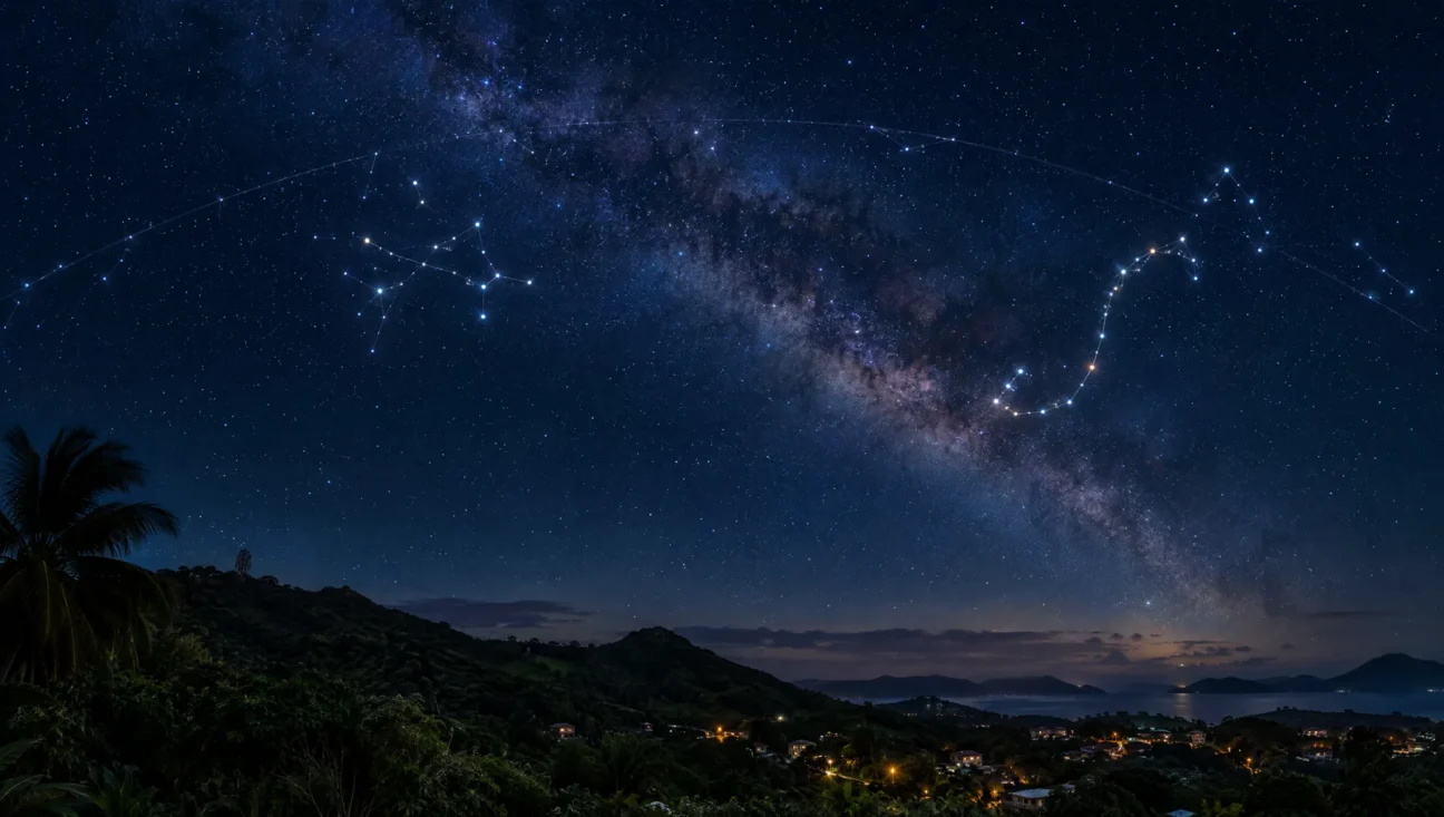 Faixa das constelações do zodíaco cruzando o céu noturno sobre uma colina