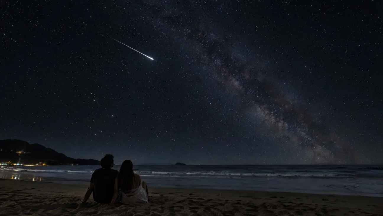 Estrela cadente cruzando o céu estrelado sobre uma praia, com um casal olhando para cima