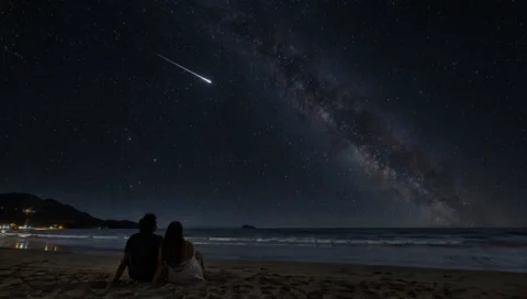 Estrela cadente cruzando o céu estrelado sobre uma praia, com um casal olhando para cima