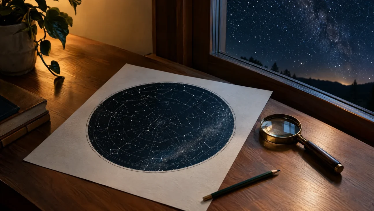 Carta celeste impressa sobre a mesa ao lado de uma janela com o céu estrelado