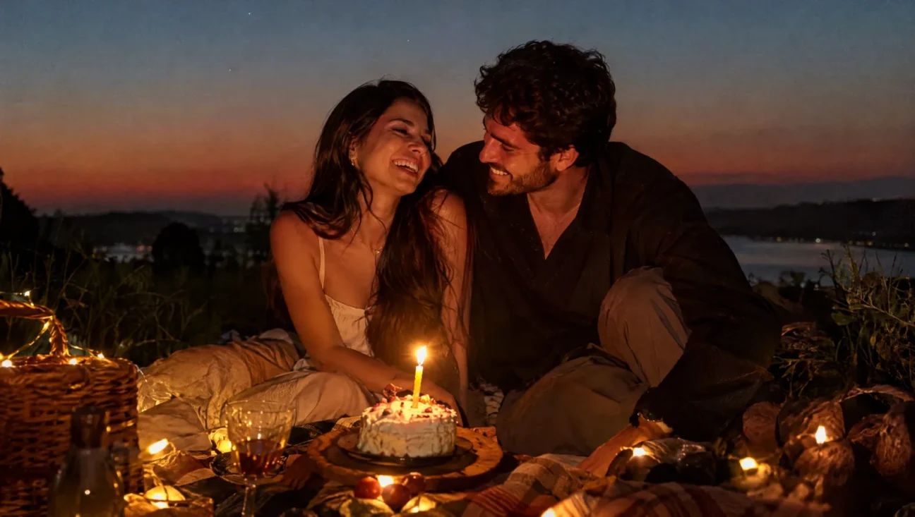 Casal comemorando 1 ano de namoro com um bolinho em um piquenique ao anoitecer