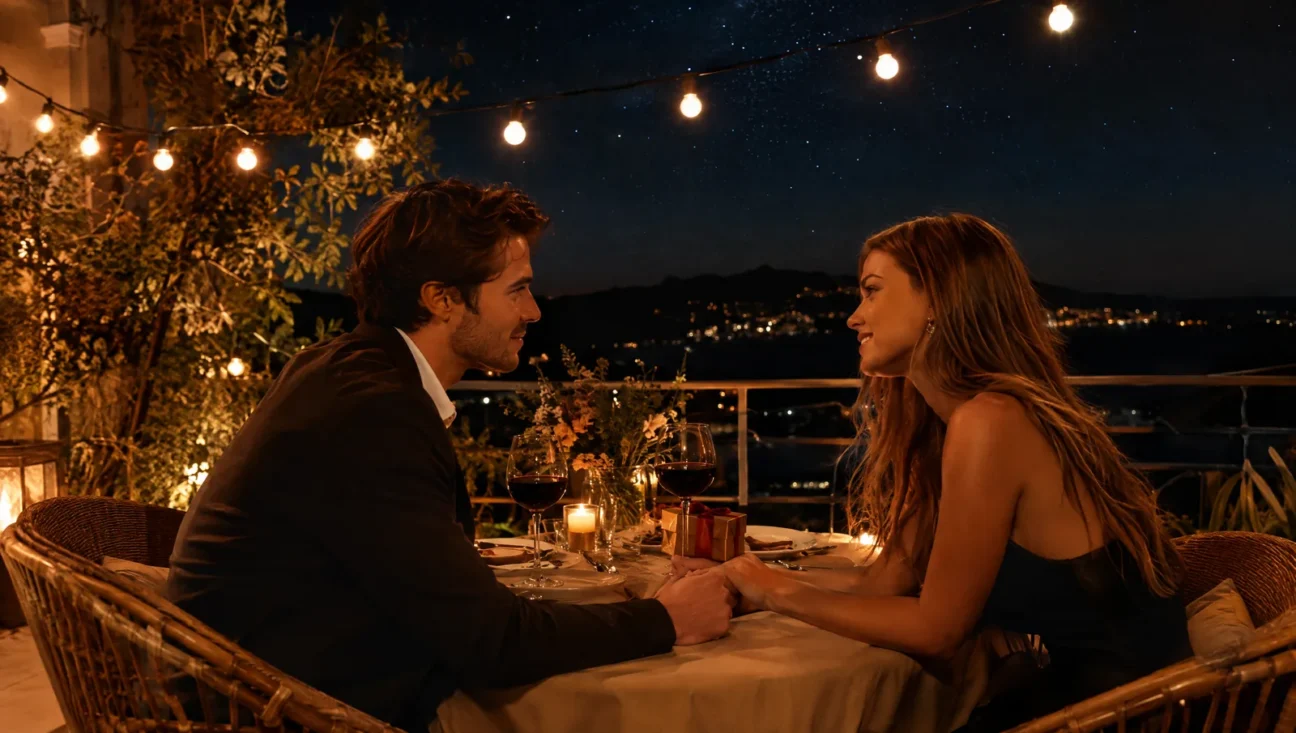 Casal em jantar romântico sob o céu estrelado com um presente sobre a mesa
