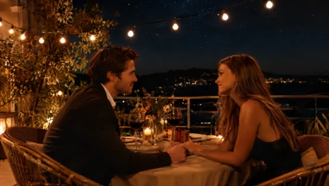 Casal em jantar romântico sob o céu estrelado com um presente sobre a mesa