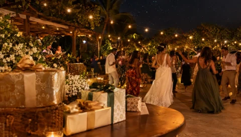 Mesa de presentes em uma festa de casamento ao ar livre sob o céu estrelado