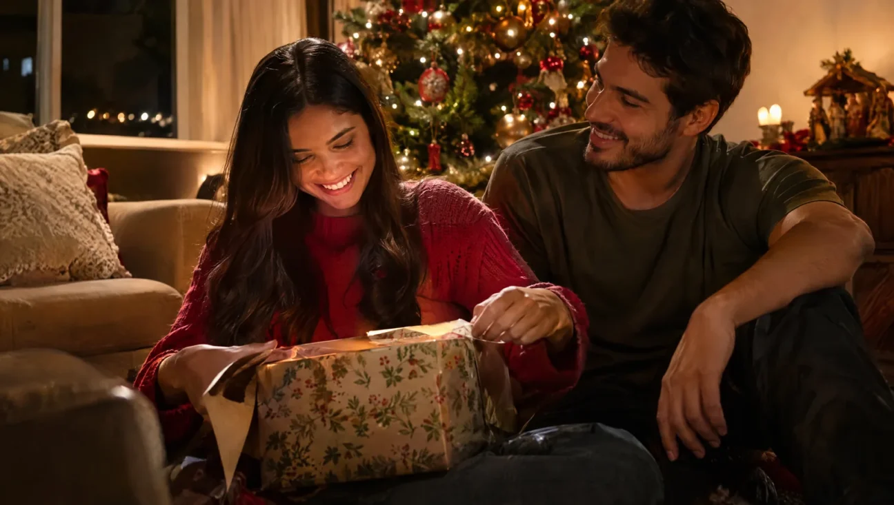 Namorada abrindo presente de Natal ao lado da árvore iluminada