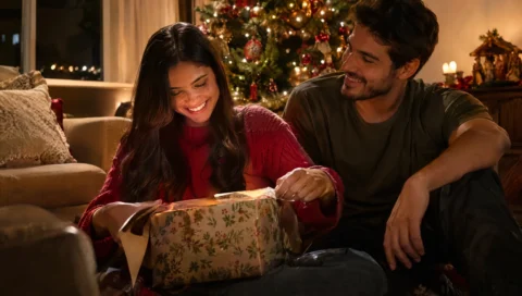 Namorada abrindo presente de Natal ao lado da árvore iluminada