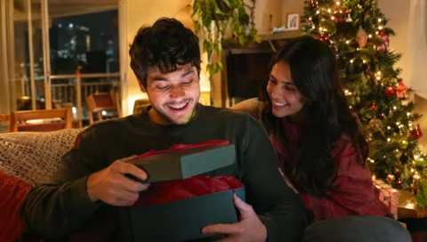 Namorado surpreso abrindo presente de Natal ao lado da namorada