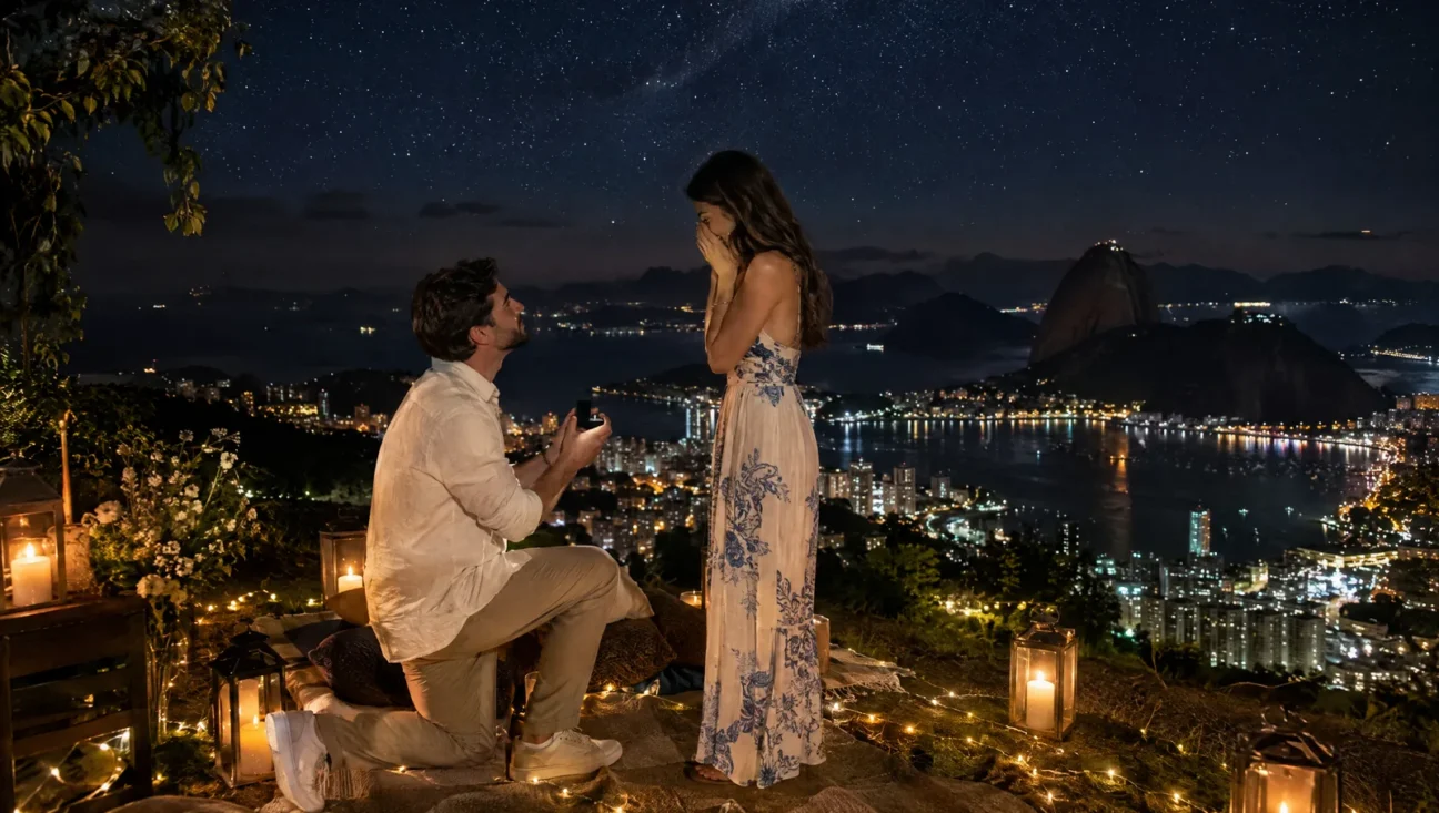 Pedido de casamento à noite em uma colina sob o céu estrelado