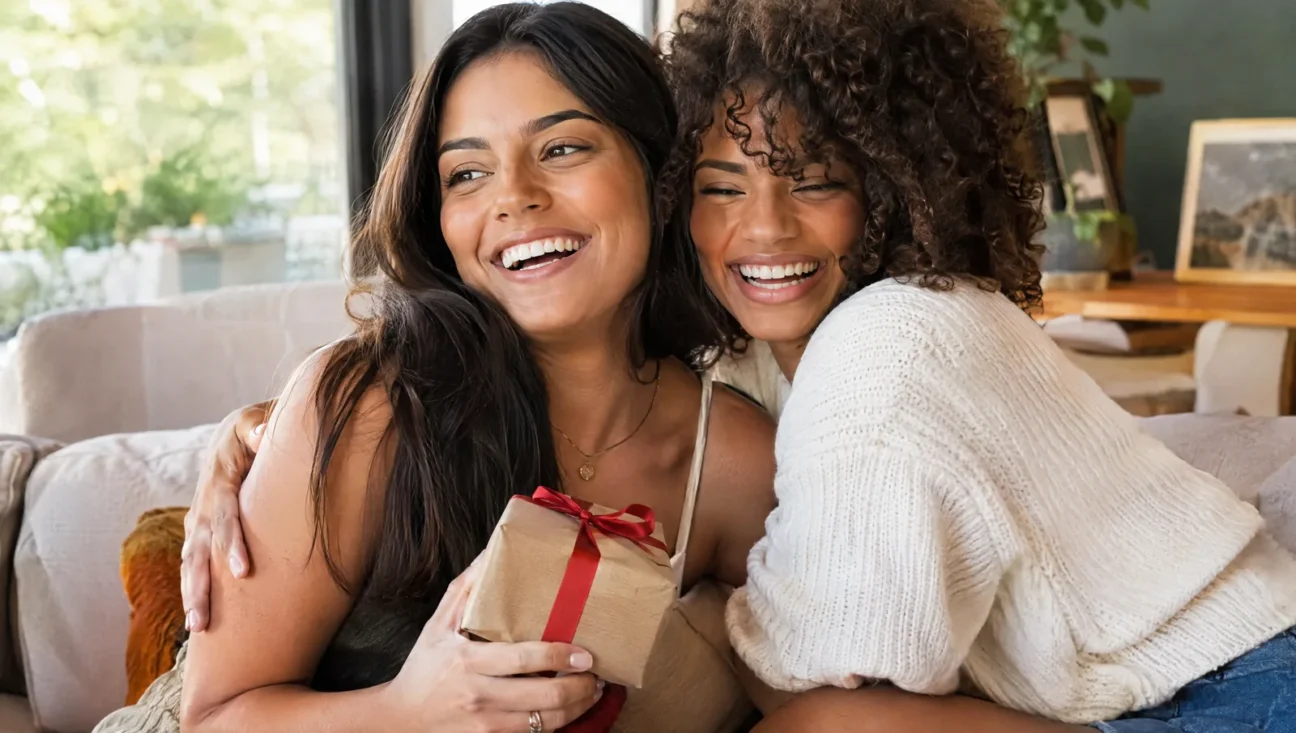 Duas amigas rindo e se abraçando no sofá com um presente nas mãos