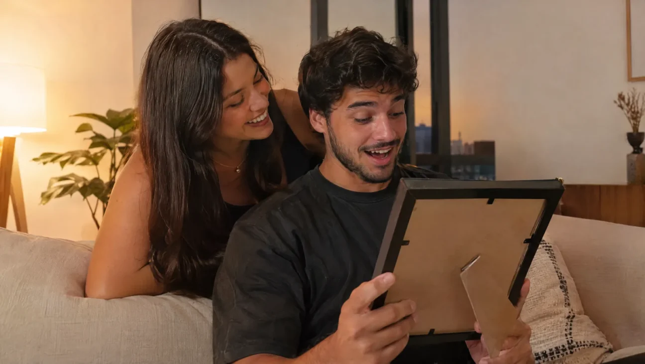 Namorado surpreso segurando um quadro que acabou de ganhar de presente