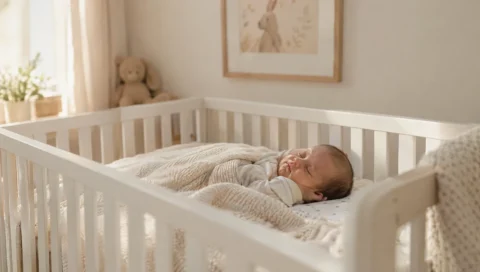 Bebê recém-nascido dormindo no berço em um quarto decorado em tons neutros