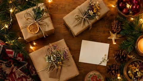 Presentes de Natal embrulhados em papel kraft com luzes e galhos de pinheiro